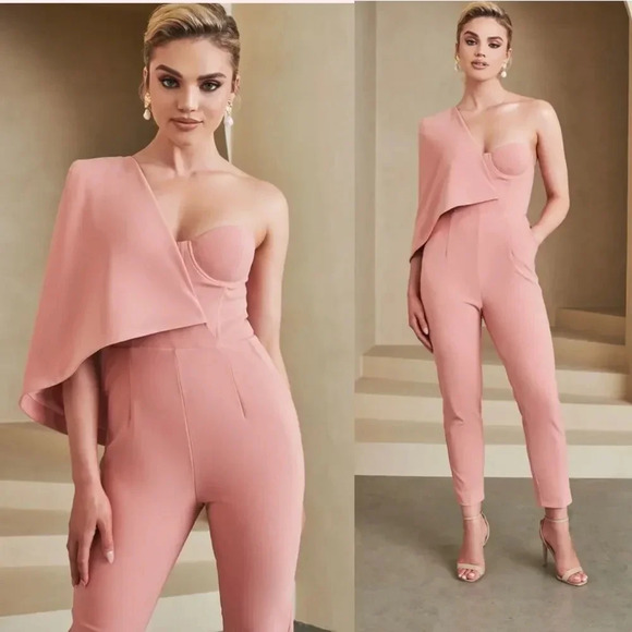 LAVISH ALICE One-shoulder Cape-detail Crepe Jumpsuit In Coral size 2 - Picture 12 of 13